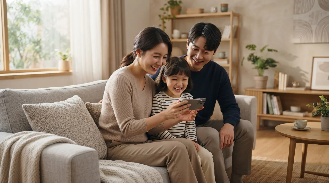 함께 스마트폰 요금 청구서를 보며 방긋 웃고 있는 단란한 한국인 가족의 이미지