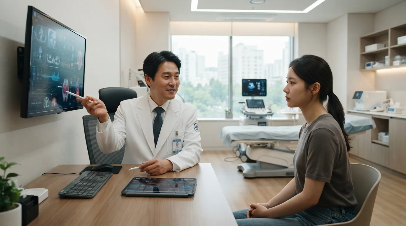 전문 의료기관에서 체계적으로 국가건강검진 프로세스를 안내받고 진료를 준비하는 한국인 직장인의 모습입니다.