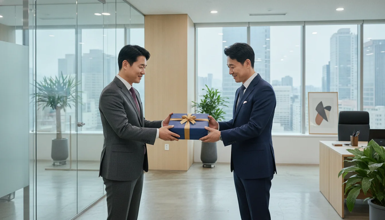 비즈니스 현장에서 고급스러운 명절 선물을 교환하며 파트너십을 공고히 다지는 긍정적인 관계 구축의 모습입니다.