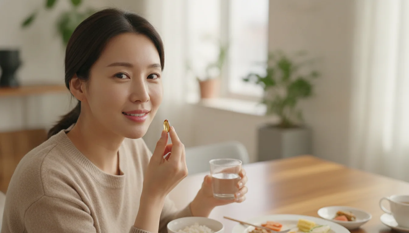 깔끔한 주방 조리대 위에서 한국인 여성이 아침 식사 후 멀티비타민을 미소를 지으며 섭취하는 실사풍 이미지
