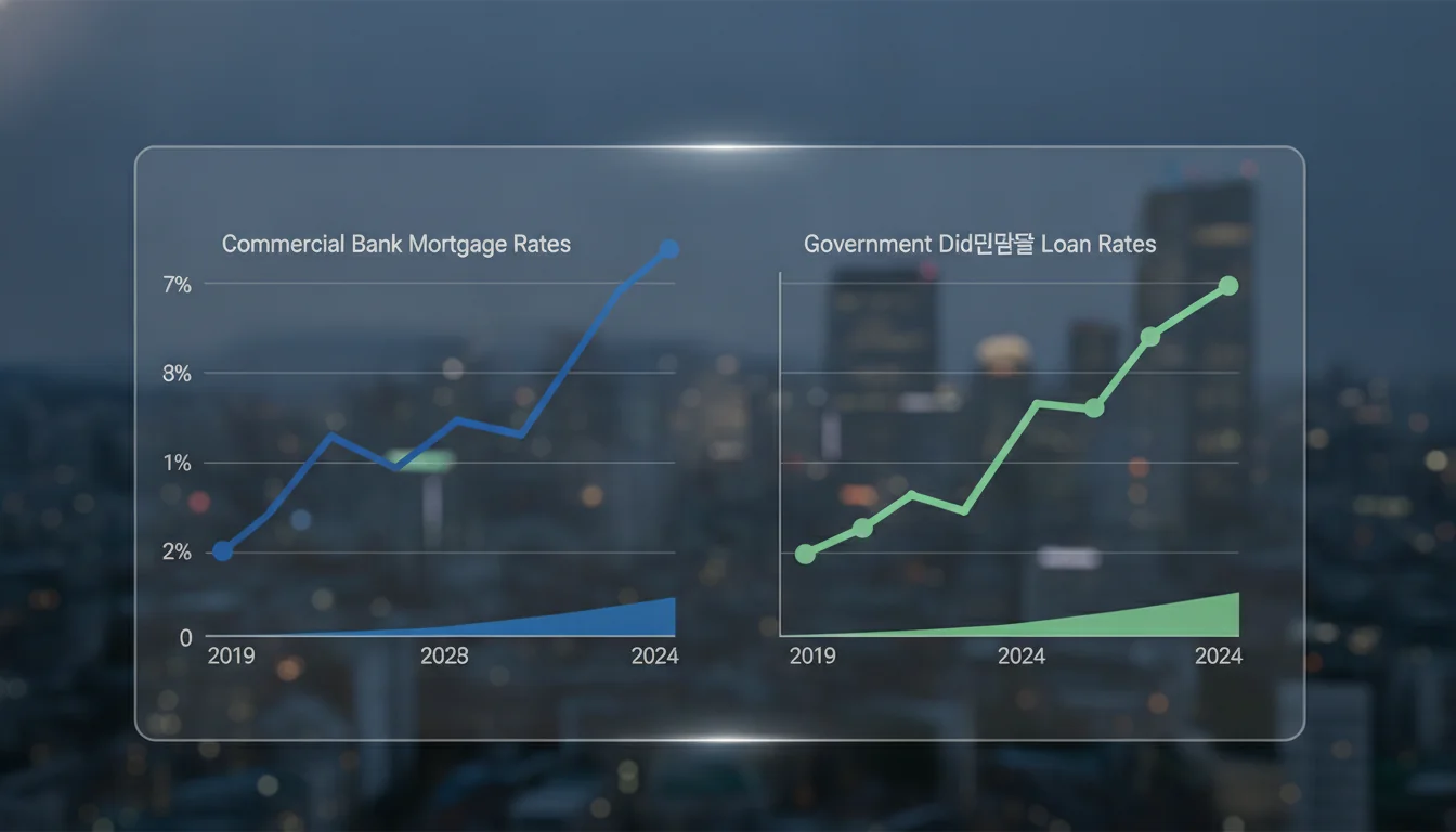 A clean modern vector graphic showing a graph comparing commercial bank mortgage rates versus government didimdol loan rates.