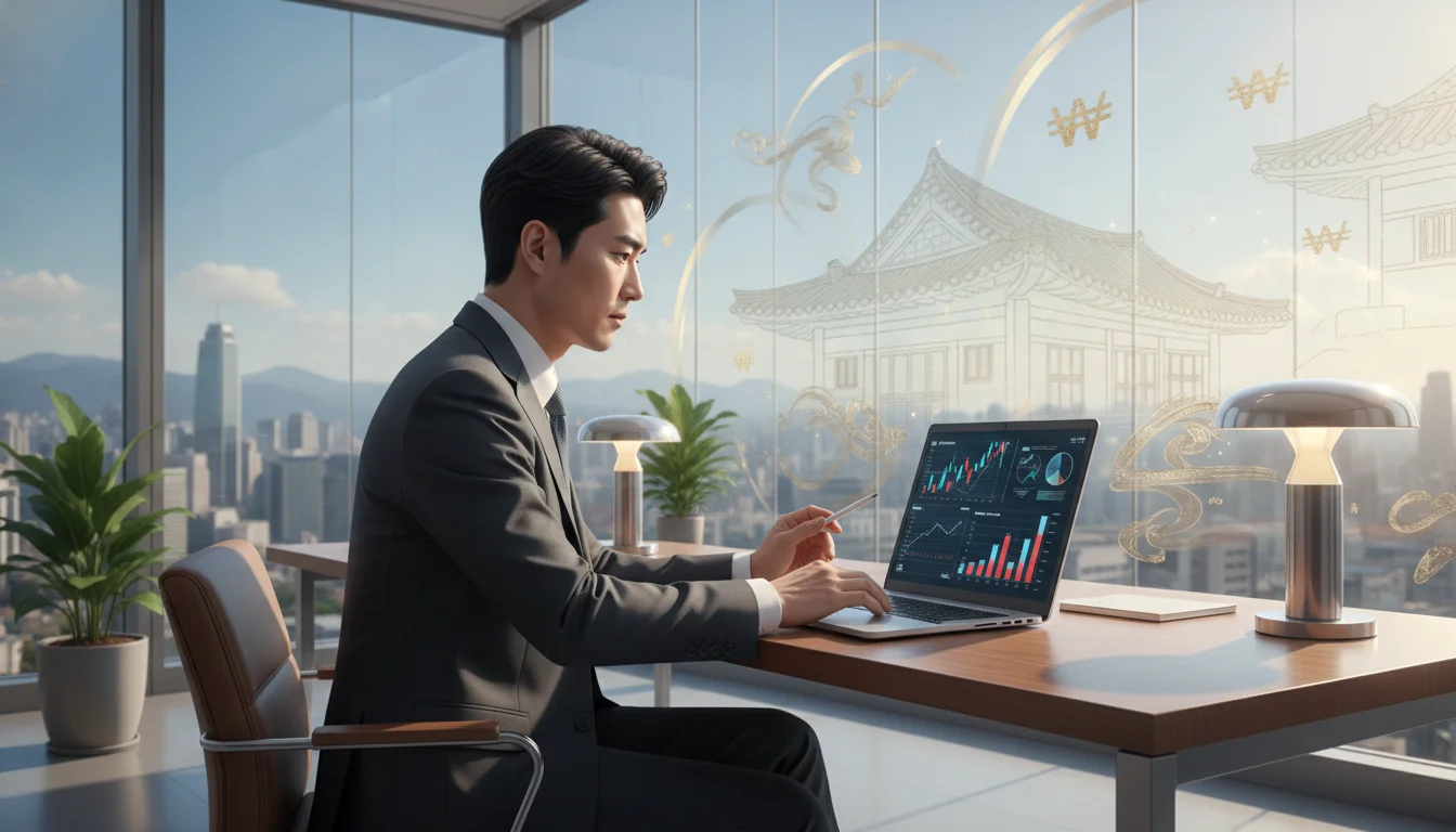 A realistic illustration of a Korean professional examining financial statistics on a laptop inside a brightly lit modern office in Seoul, with abstract diagrams of Korean currency and houses in the background.