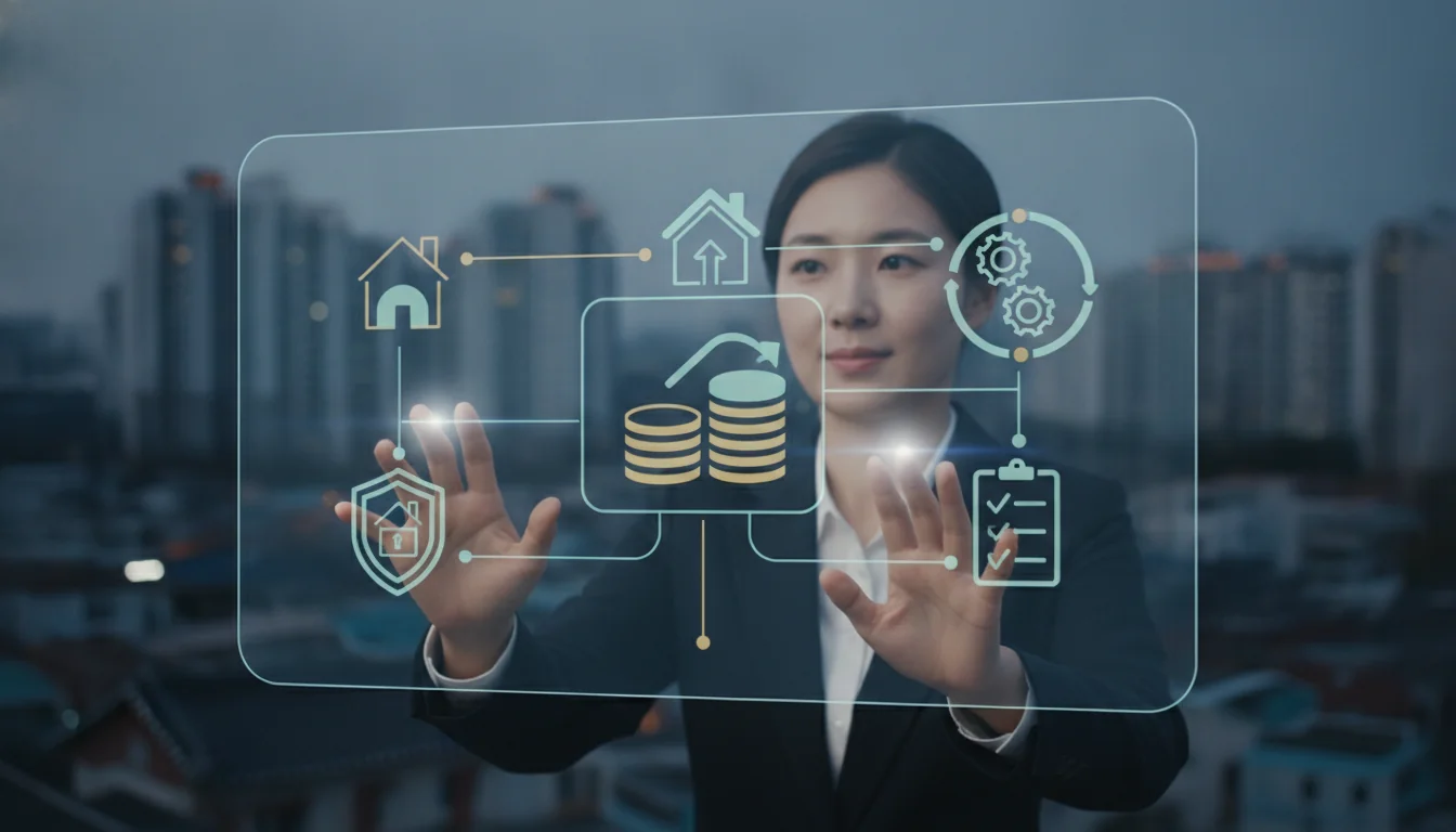 An artistic vector infographics summary detailing Korean housing policy guidelines for 2026, using smart icons for house, coins, checking list, and safe lock, without any written alphabet or text.