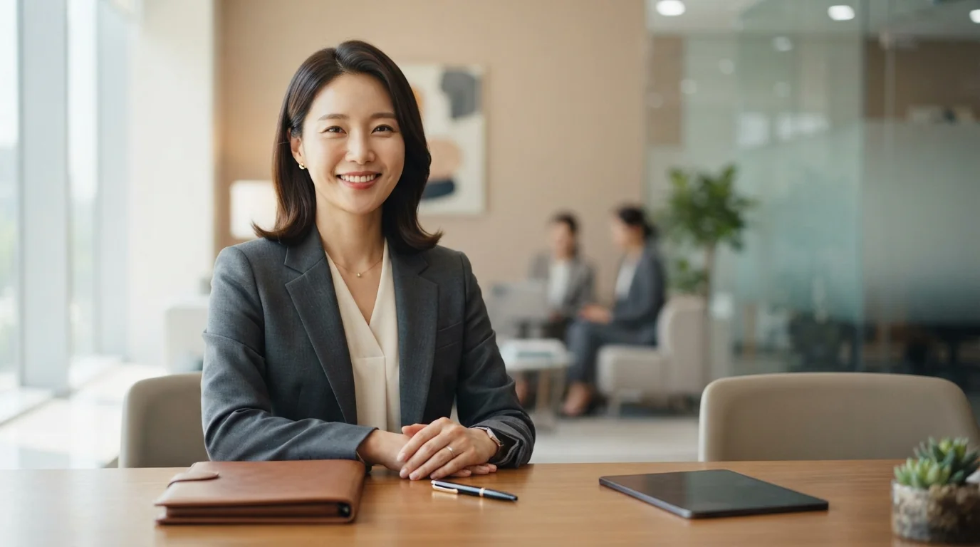신뢰감 있는 미소를 짓고 있는 금융 전문 상담원이 고객에게 청년미래적금의 비과세 혜택과 이자 환산액을 정밀하게 안내해 주고 있습니다.