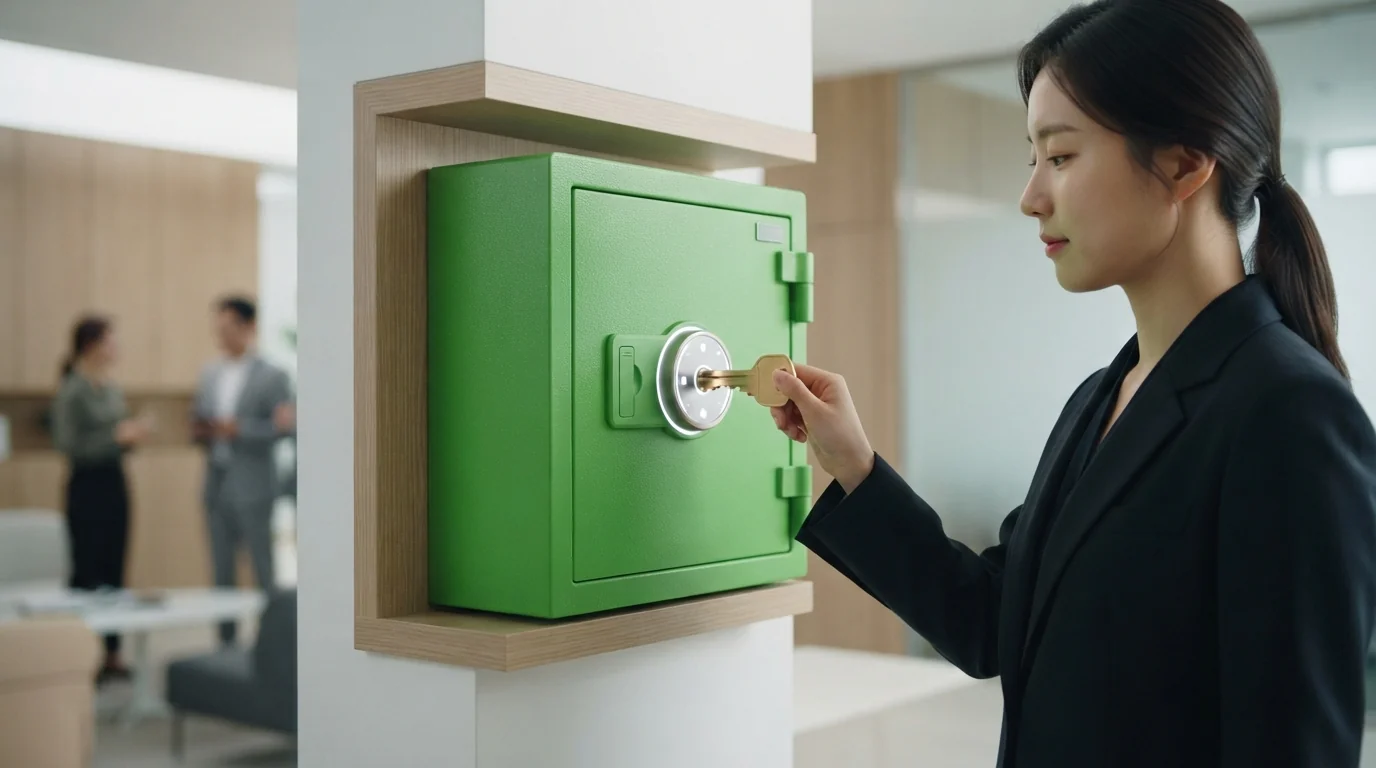 황금 열쇠가 단단하고 미니멀한 녹색 금고에 꽂혀 돌아가며 가치의 문이 활짝 열리는 고급 일러스트 이미지입니다.