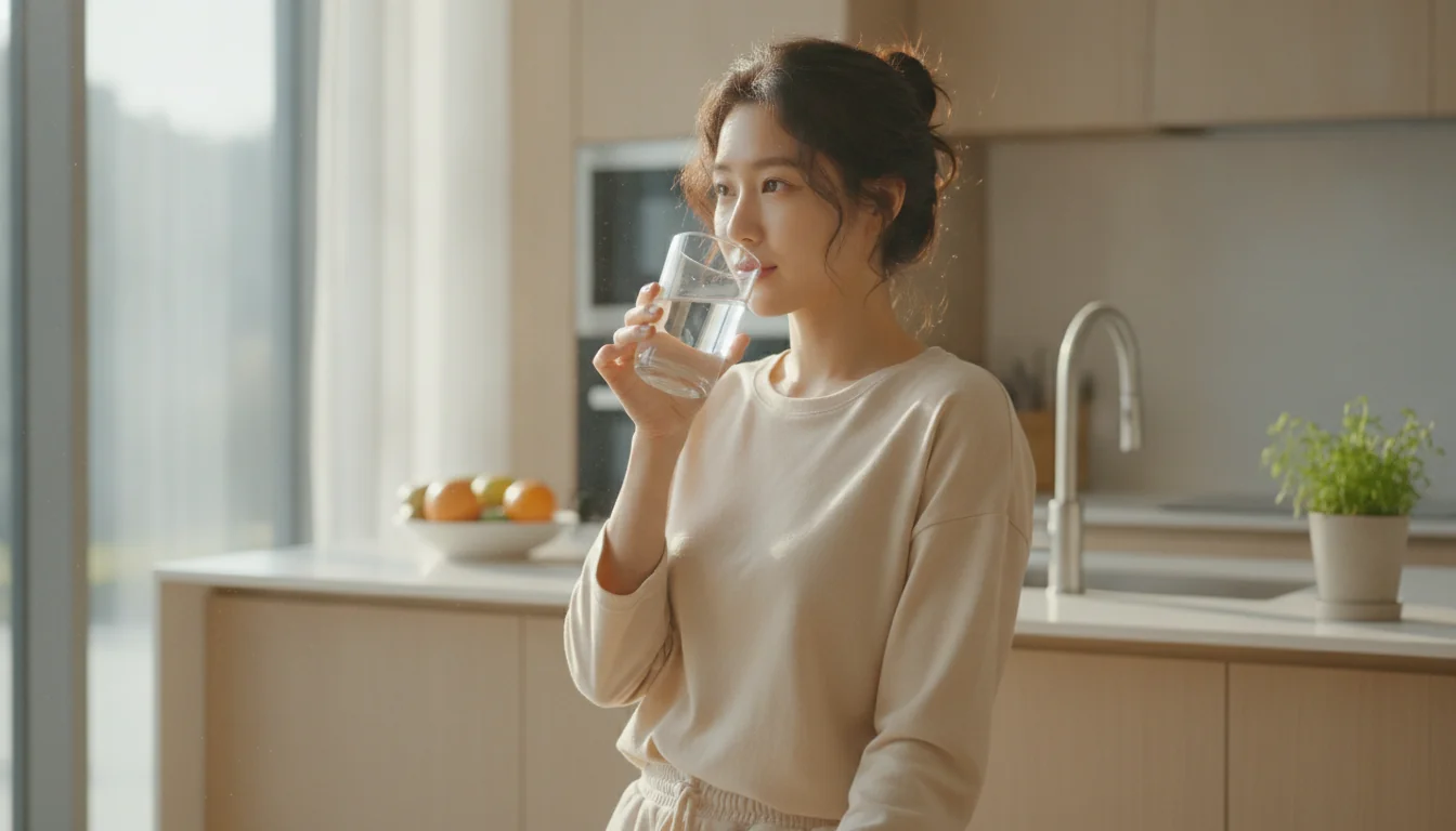 올바른 유산균 섭취 습관이 아침 공복 상태의 장 건강에 미치는 영향력을 상징적으로 전달하는 라이프스타일 컷입니다.