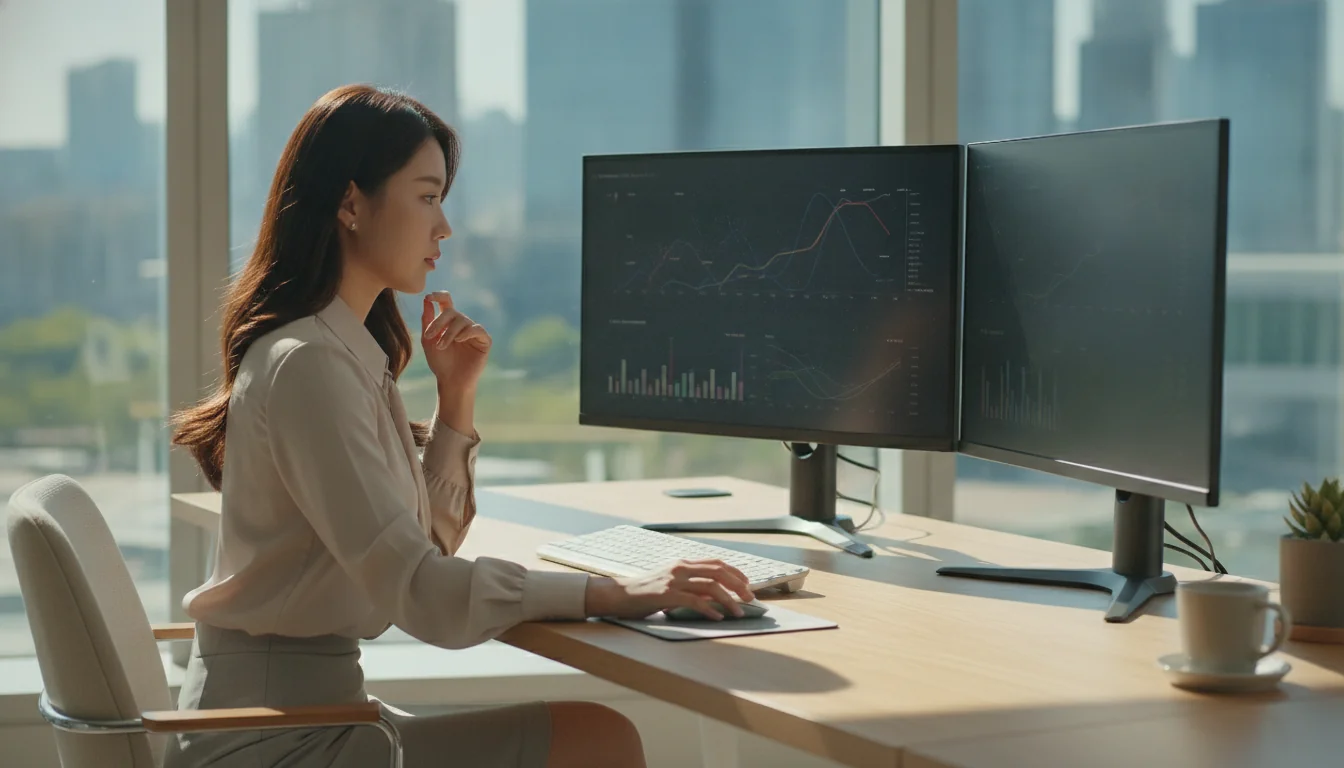 깔끔한 사무실에서 노트북과 태블릿을 사용하여 급여 테이블과 세금을 분석하는 현대적인 한국인 전문가