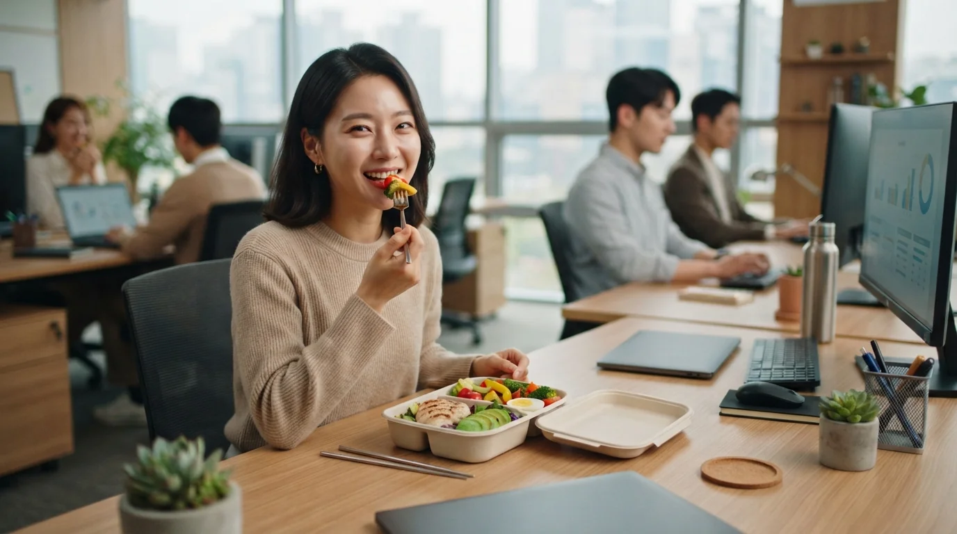 바쁜 업무 와중에도 영양이 충실히 배합된 직장인 다이어트 도시락으로 영양 가득한 점심 식사를 달성하는 사진