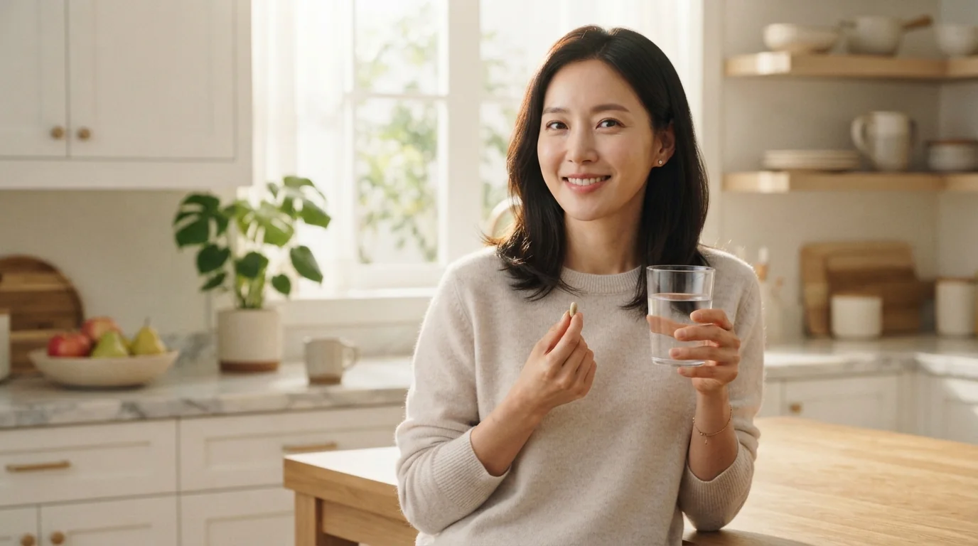 정갈하고 쾌적하게 구성된 아침 주방 환경 속에서 수분과 프로바이오틱스를 섭취 중인 모습
