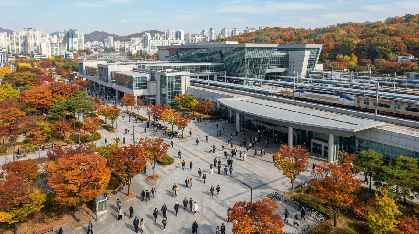 추석 명절 기간 귀성객들로 붐비는 서울역 광장의 현대적인 전경을 표현합니다.