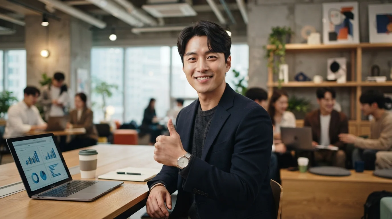 노트북 옆에 깔끔한 그래픽 차트와 스마트폰이 놓인 회의 탁자에서 엄지손가락을 치켜세우는 활기찬 한국인 청년