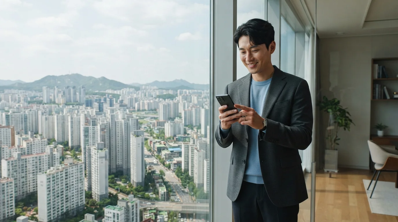 서울 도심 속 아파트 단지를 스마트폰으로 매매 및 자산 배분하는 한국인 모습