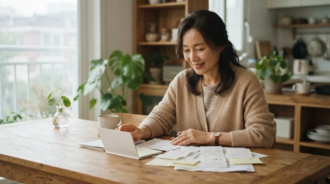 가계의 재정 서류와 알뜰하게 모은 저축 계좌를 마주하고 안도하는 여성