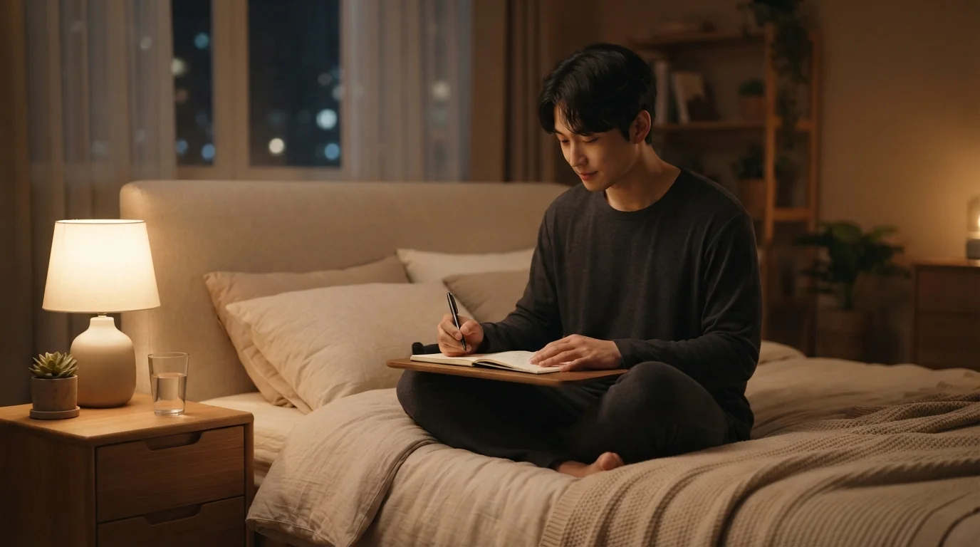 포근한 무드의 조명 속에서 편안하게 일기를 쓰며 숙면을 준비하는 평온한 저녁 시간