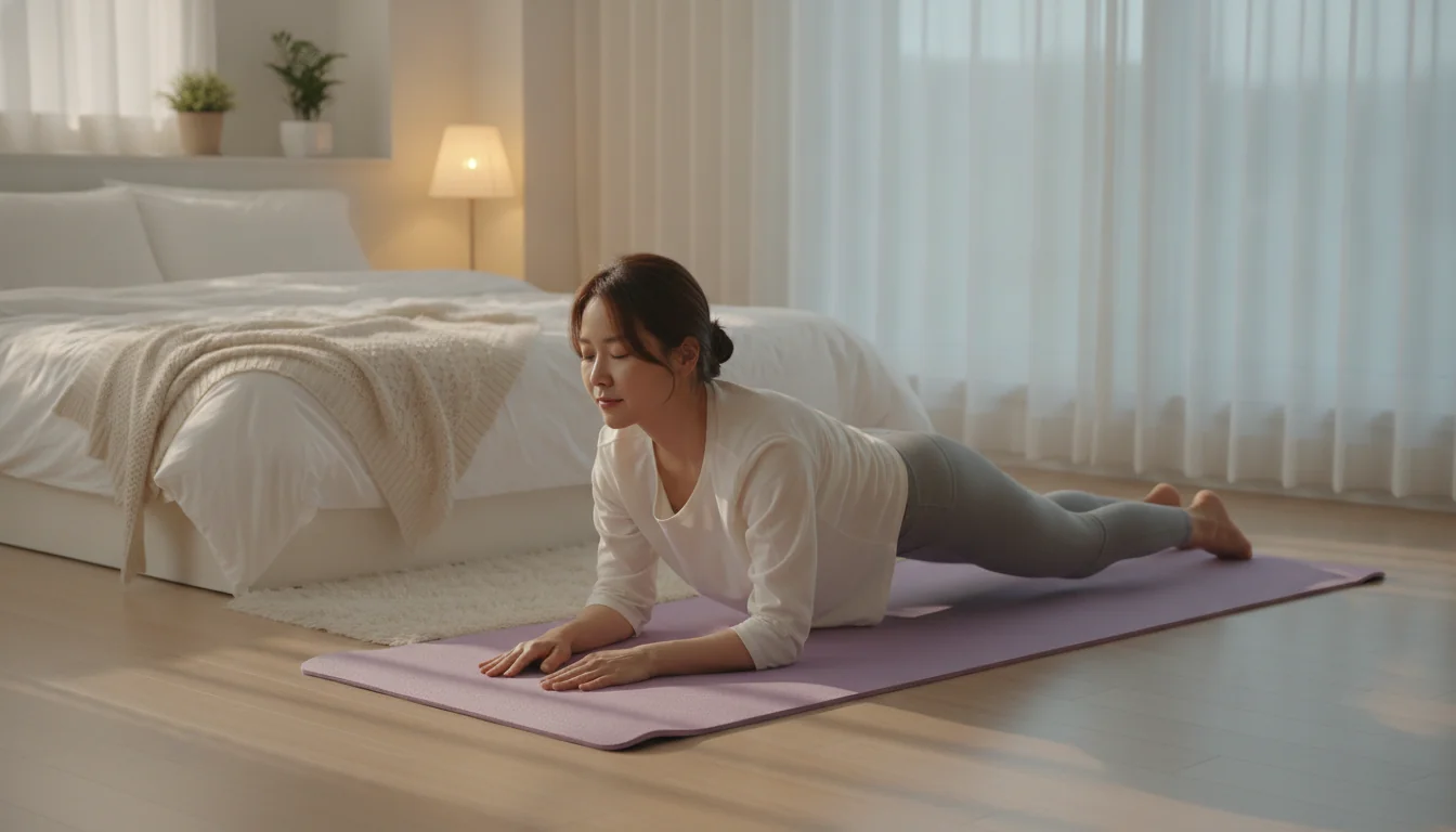 고요하고 차분한 침실 공간에서 매트 위 가볍게 몸을 이완시키는 모습