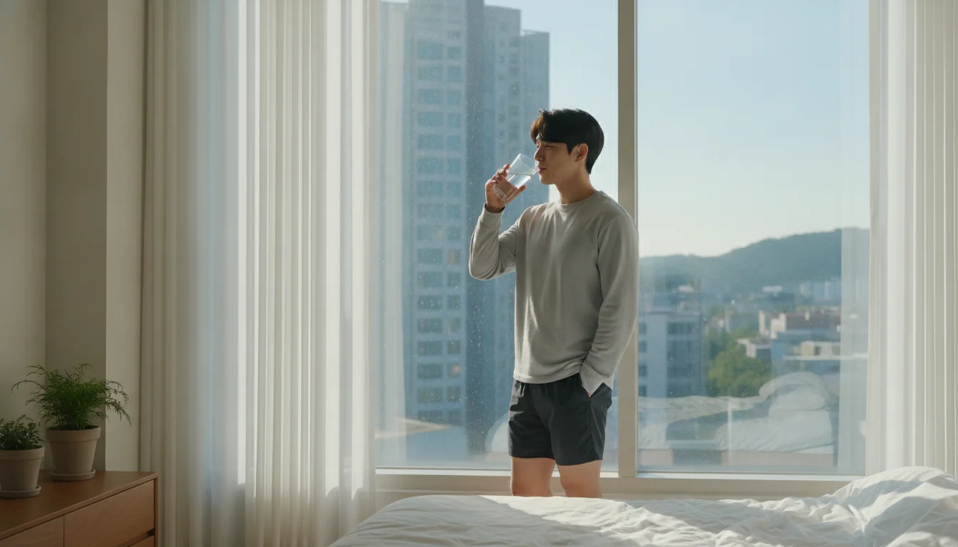 아침 햇살을 반갑게 맞이하며 상쾌하고 건강하게 하루를 시작하는 기상 모습
