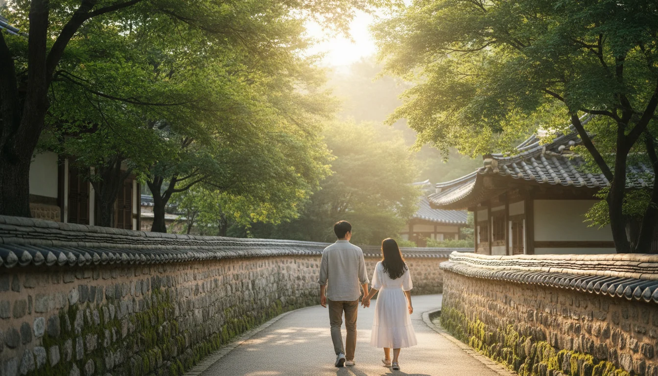 고풍스럽고 아름다운 한옥 담장길을 따라 걸으며 소박하게 주말 산책을 즐기는 다정한 한때의 모습이에요.