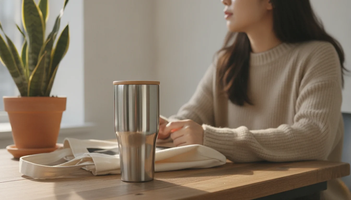 우드 톤 테이블 위에 단정하게 놓인 다회용 텀블러와 에코백 등 일상 속에서 실천하는 제로 웨이스트 용품 모음입니다.