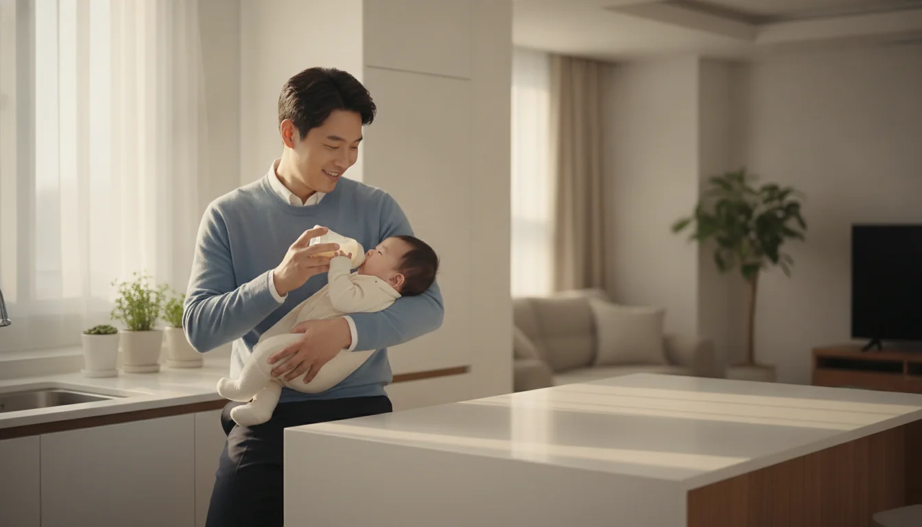 한국인 아버지가 가사에 동참하며 영아를 다정하게 양육하는 가정의 모습입니다.