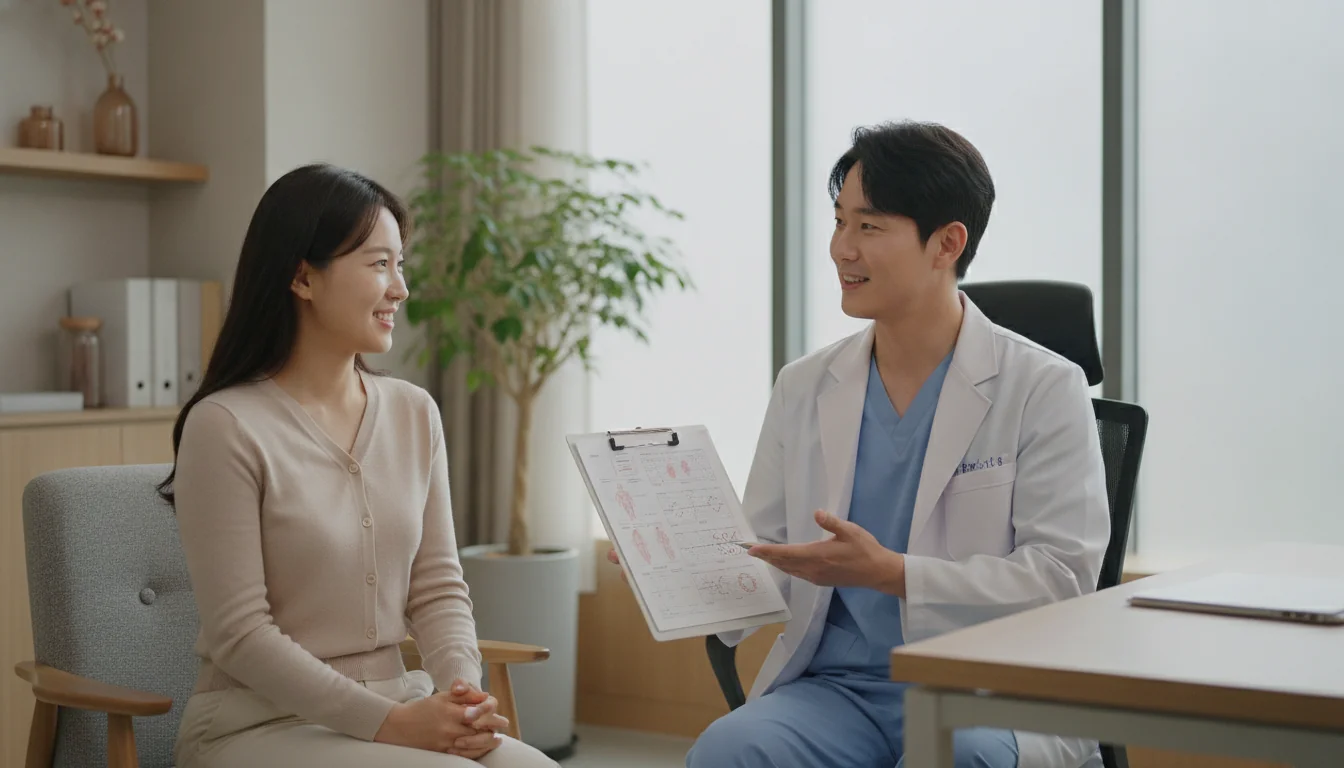 깔끔한 병원 대기실에서 건강검진 문진표를 다정하게 검토하는 한국인 의사와 수검자의 모습