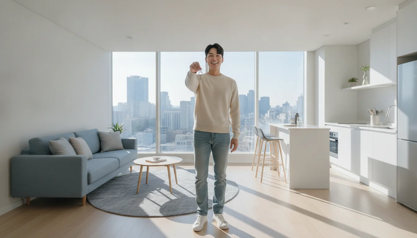 저축 목표를 달성한 청년의 행복한 모습과 저축 그래프