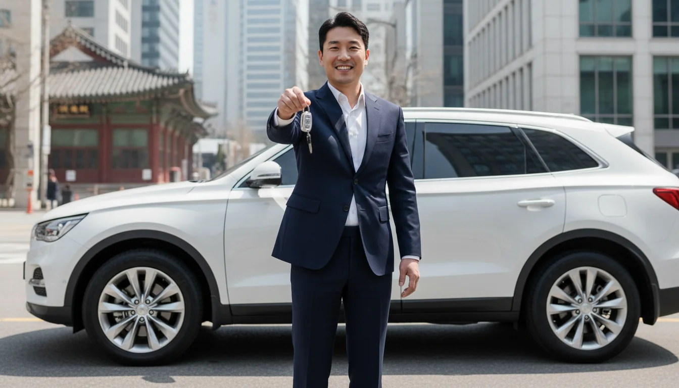 신뢰할 수 있는 안심 보증 중고차 매장에서 철저히 기록된 성능기록부를 대조하며 신중하게 구매 서명을 마치고 기뻐하는 30대 한국인 운전자 남성