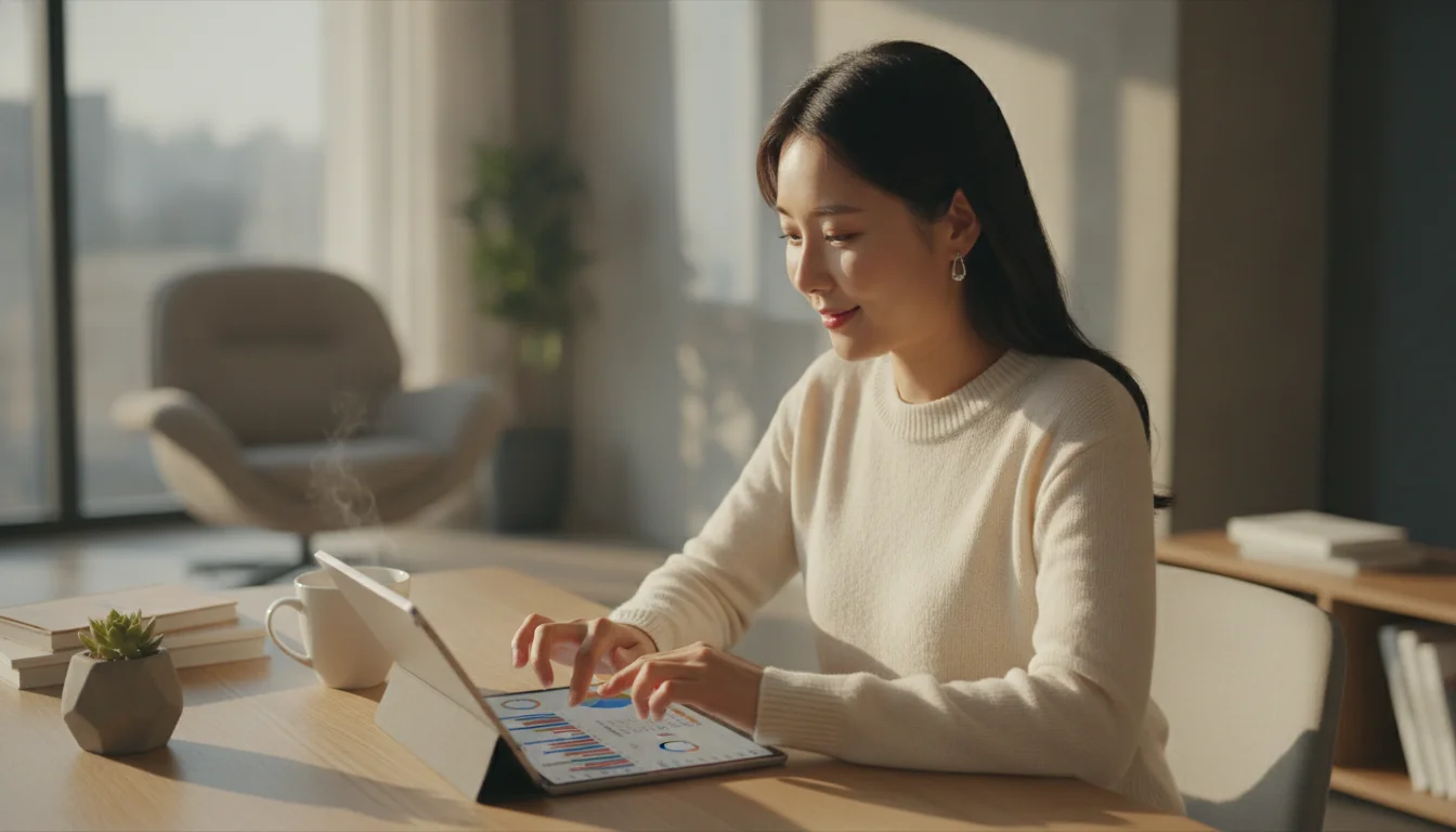 청약통장 저축 계획과 예산 관리표를 꼼꼼하게 대조하며 주거 혜택을 분석하는 청년의 인포그래픽 데이터 시각화입니다.