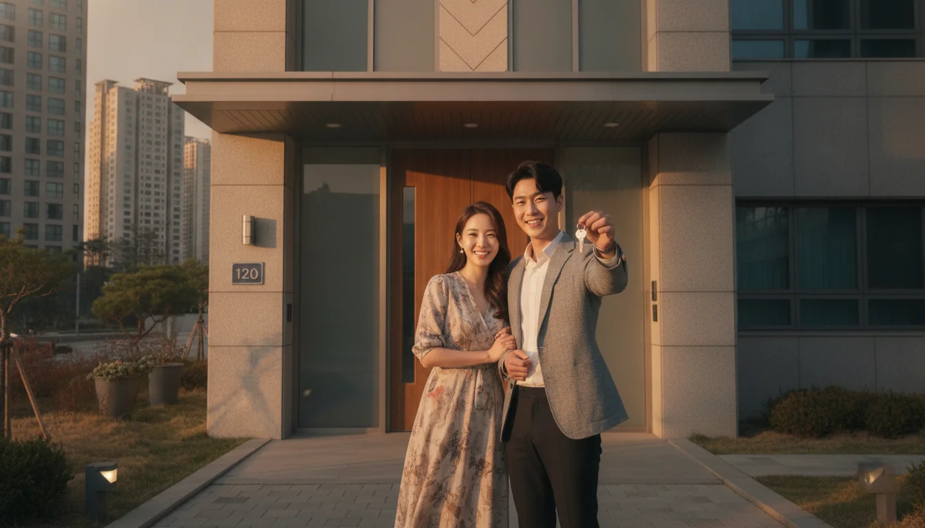 내 집 마련에 성공한 젊은 청년 부부가 스마트 기기를 활용하여 장기적인 저축 상환 계획을 검토하고 있는 모습입니다.