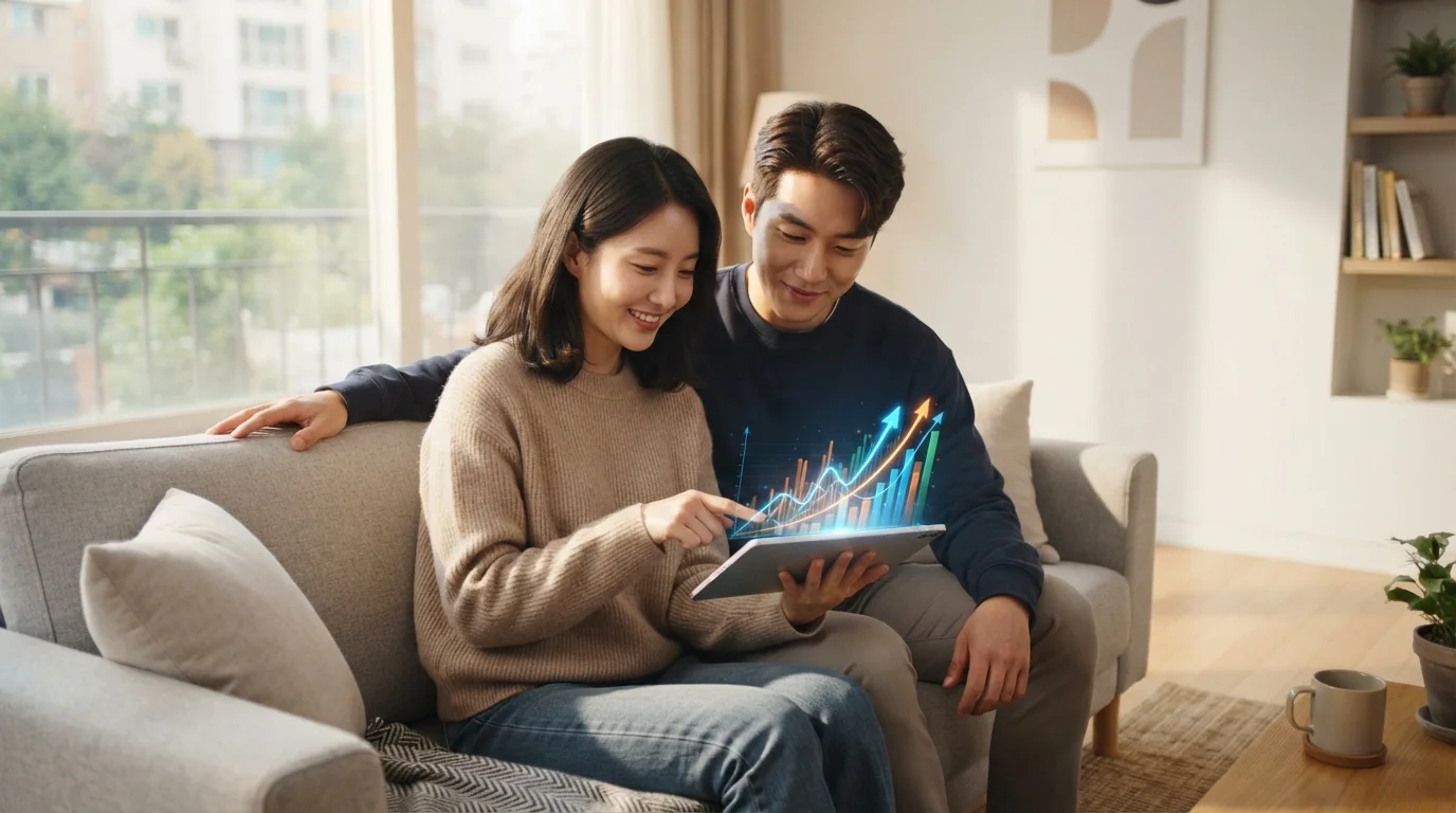 거실 테이블에 마주 앉아 가계 자산 포트폴리오 차트와 아파트 가격 추이 자료를 살펴보는 한국인 남녀