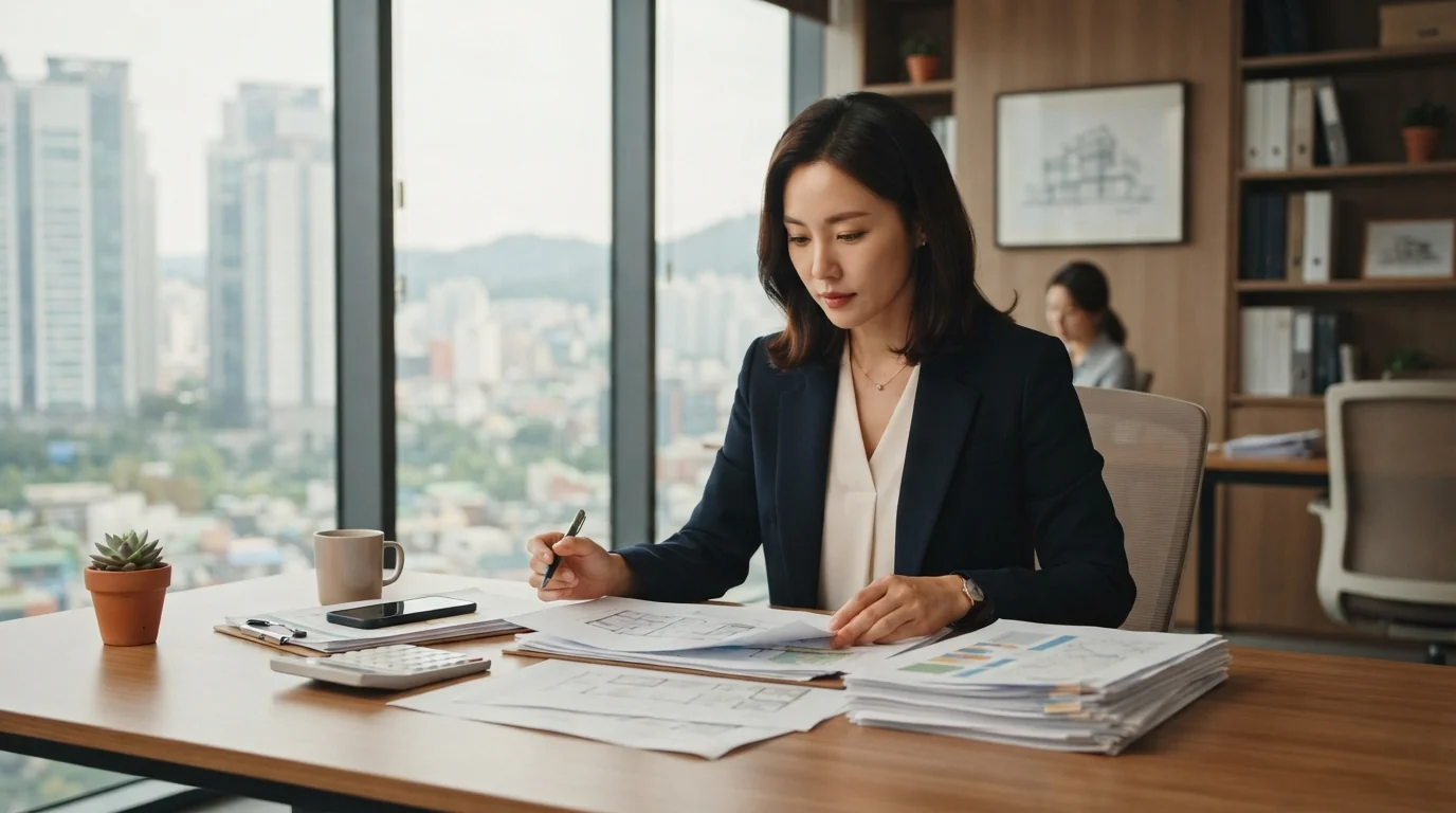 정부 주택 기금 세부 산출 계산 보고서를 작성하는 분석관의 집무실 컴퓨터 모니터와 주변 서류 세트