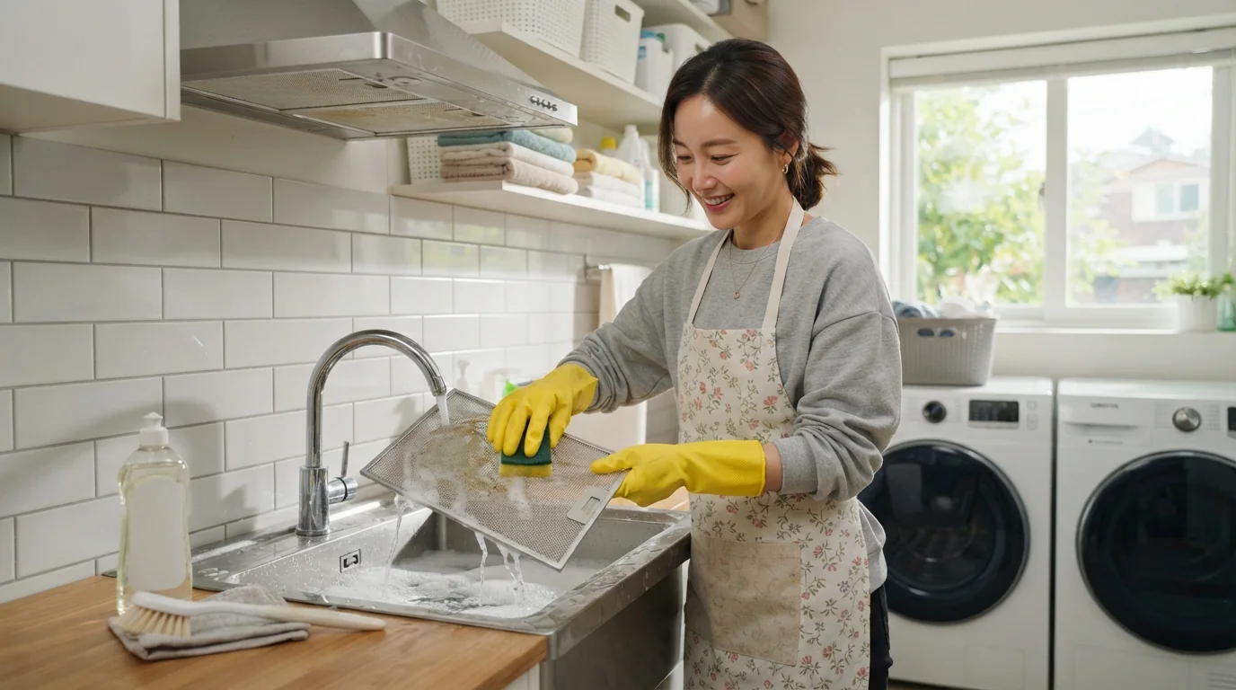 주방 후드를 분리해 싱크대에서 천연 세제 거품으로 기름때를 세척하는 깔끔한 클로즈업 사진이에요.