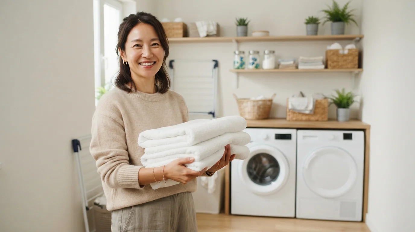 깔끔하게 정돈된 다용도실에서 미소 짓고 있는 한국인 주부의 일상