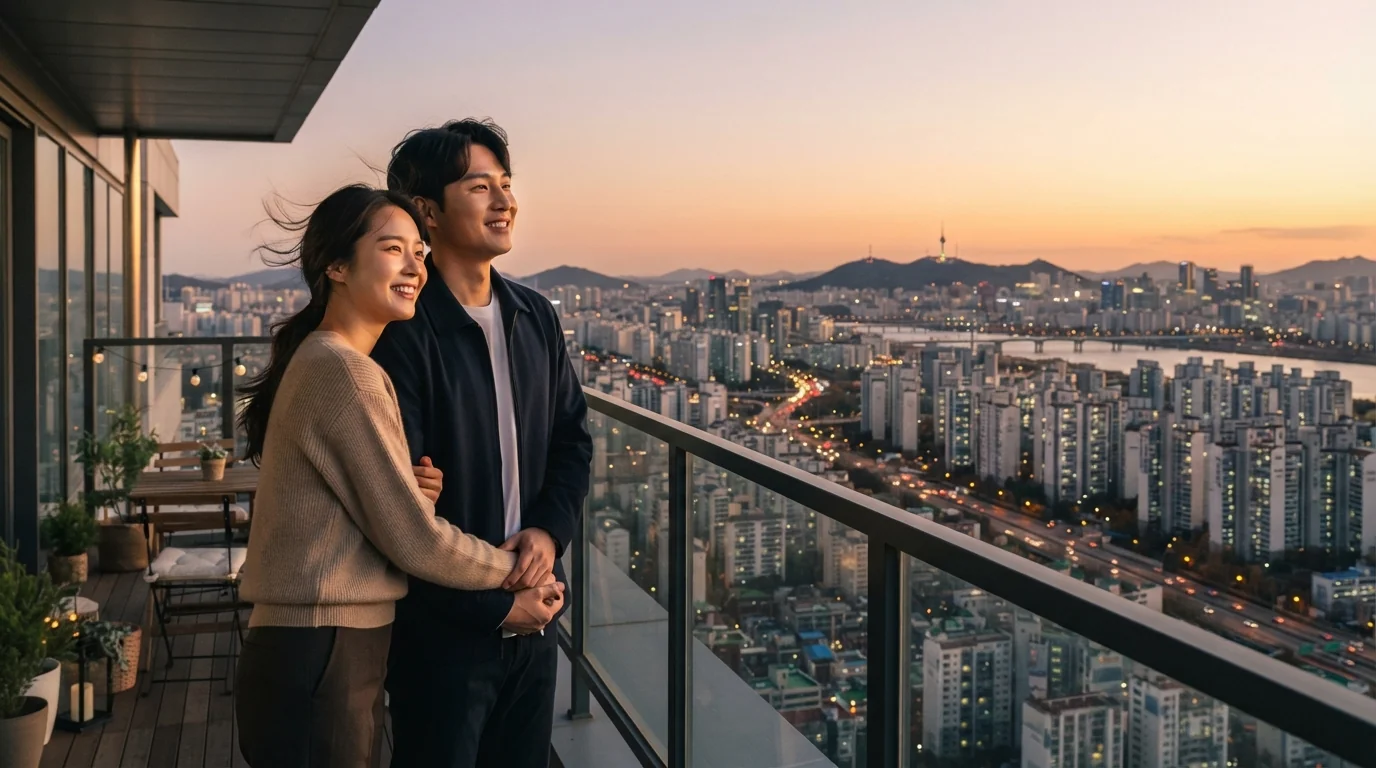 청약에 당첨된 청년 가구가 입주 예정인 신축 아파트를 바라보며 미래 주거 로드맵을 설계하는 행복한 순간을 그린 일러스트입니다.