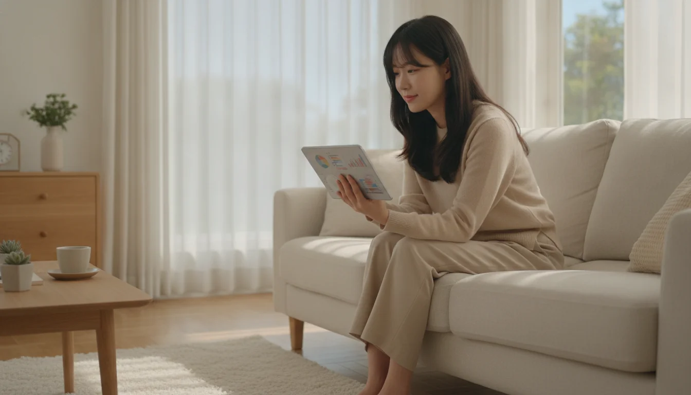금융 조건 비교표를 꼼꼼히 살피며 저축 계획을 수립하고 있는 한국인 청년 여성이 있는 밝고 정돈된 거실