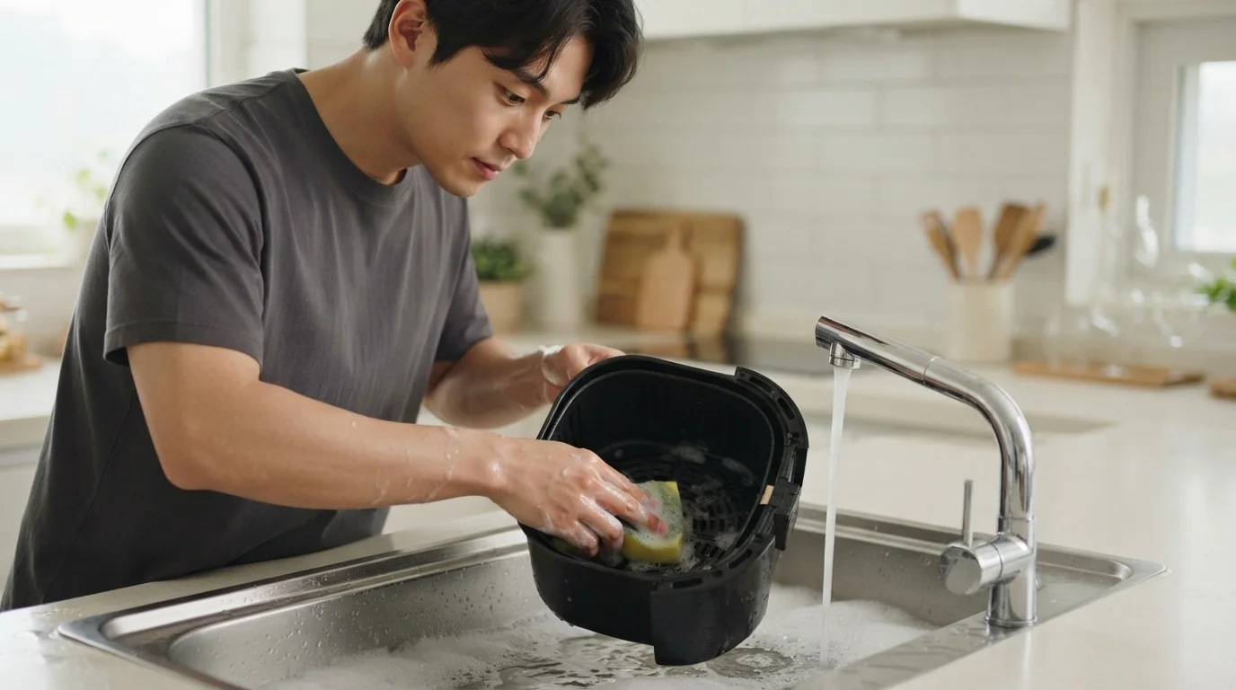 부드러운 스펀지를 사용하여 안전하게 에어프라이어를 닦아내는 모습