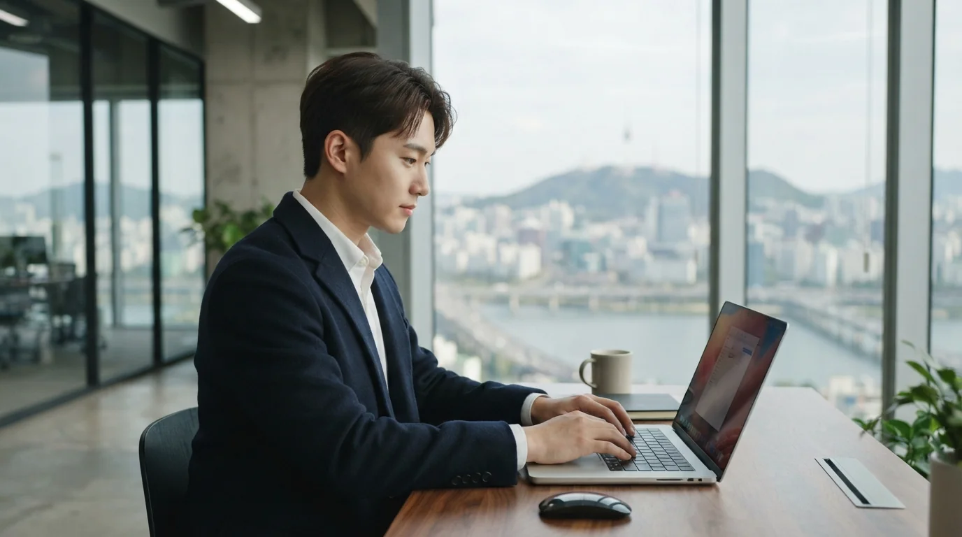 모바일을 통해 정부지원금 신청 절차 상세 가이드를 검토하고 있는 한국인 청년의 역동적인 일상