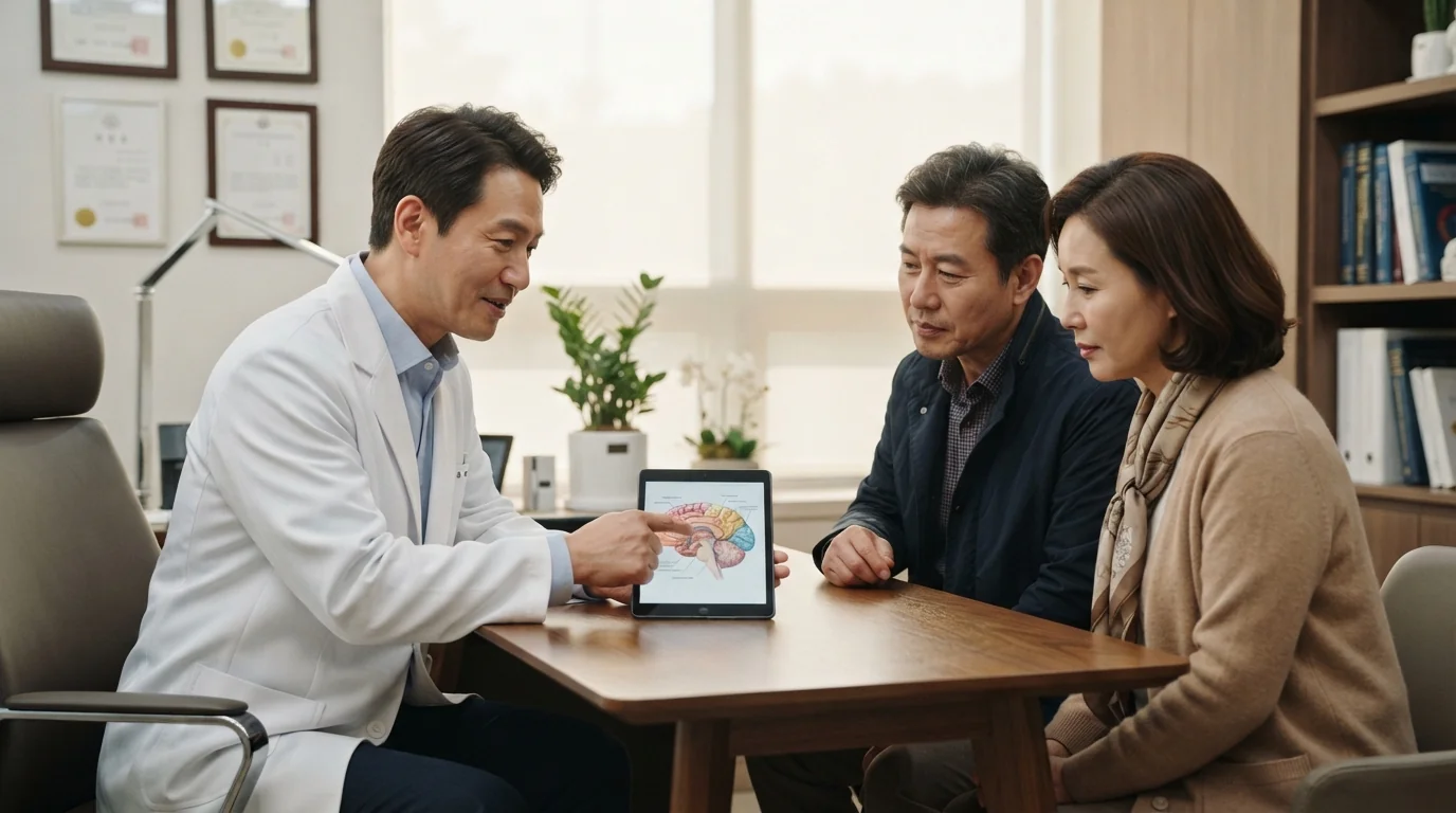 전문의와 면담을 진행하며 개인의 체질과 영양 불균형 정도에 따른 뇌 관리 플랜을 맞춤형으로 조언받는 모습입니다.