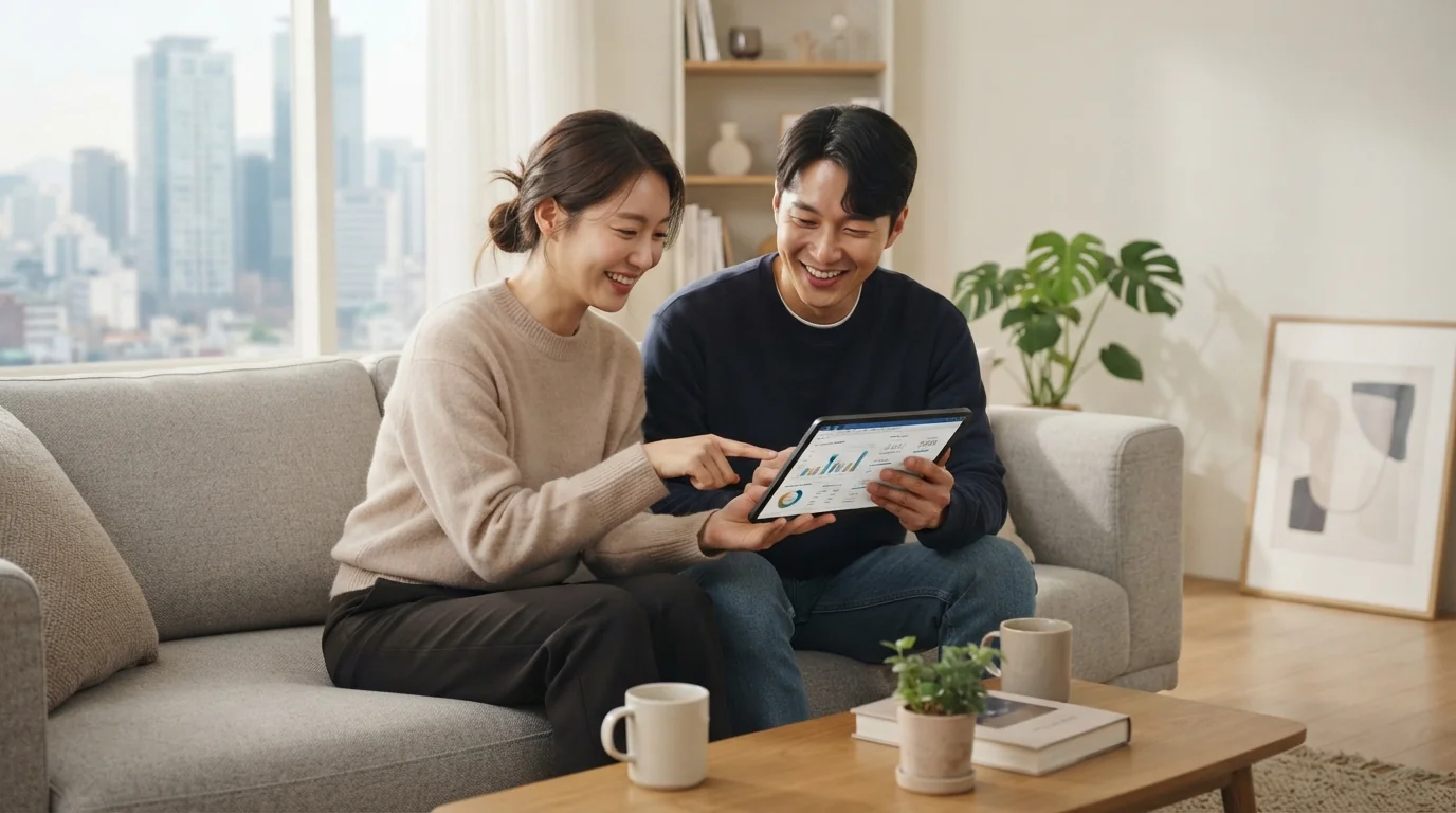부부가 함께 실시간 지출 앱과 모바일 통계를 들여다보며 건전한 저축 방안을 논의하는 스마트 자산 설계 상황