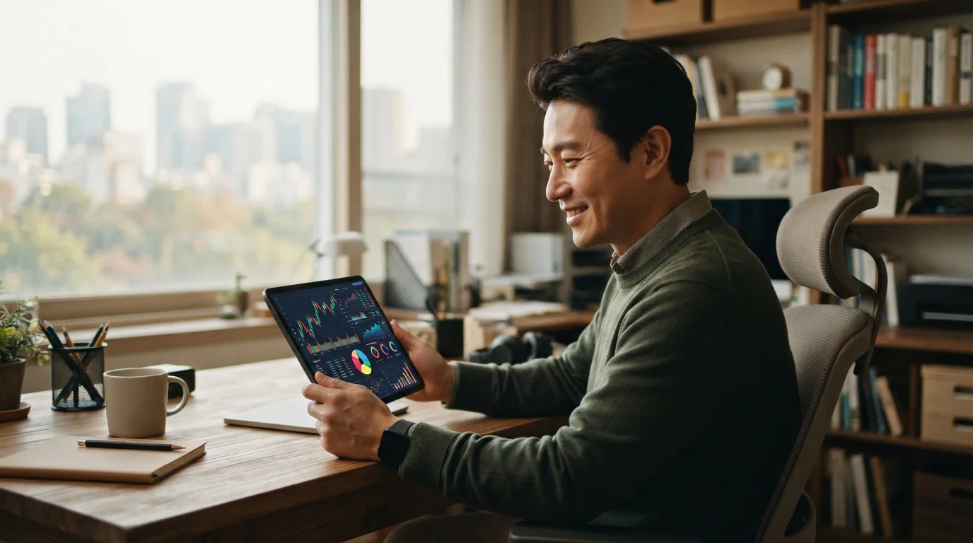 깔끔하게 정리된 한국인의 홈 오피스에서 데스크톱과 태블릿PC를 활용해 외화 자산을 분산 투자하고 환테크 포트폴리오를 관리하는 현대적인 모습입니다.