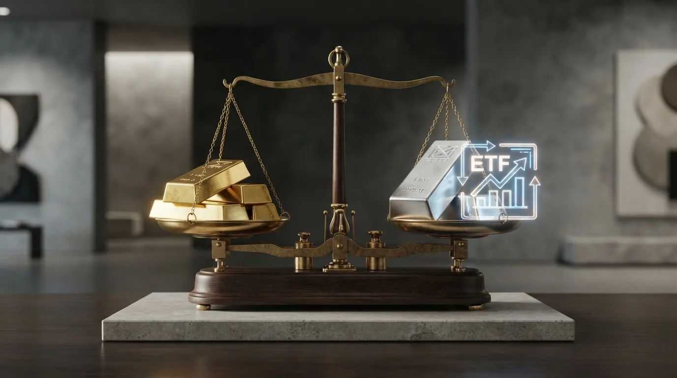실물 금, 은 가치와 주식, 채권 자산의 조화를 나타내는 입체 다이어그램입니다.