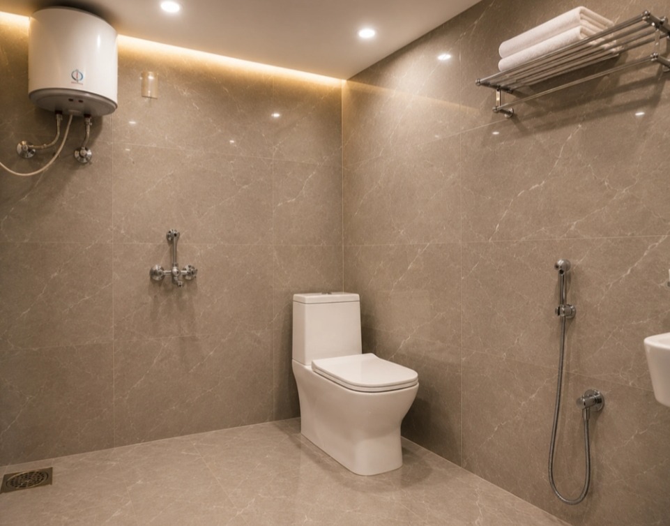 Bathroom with full-height tiling, geyser and health faucet