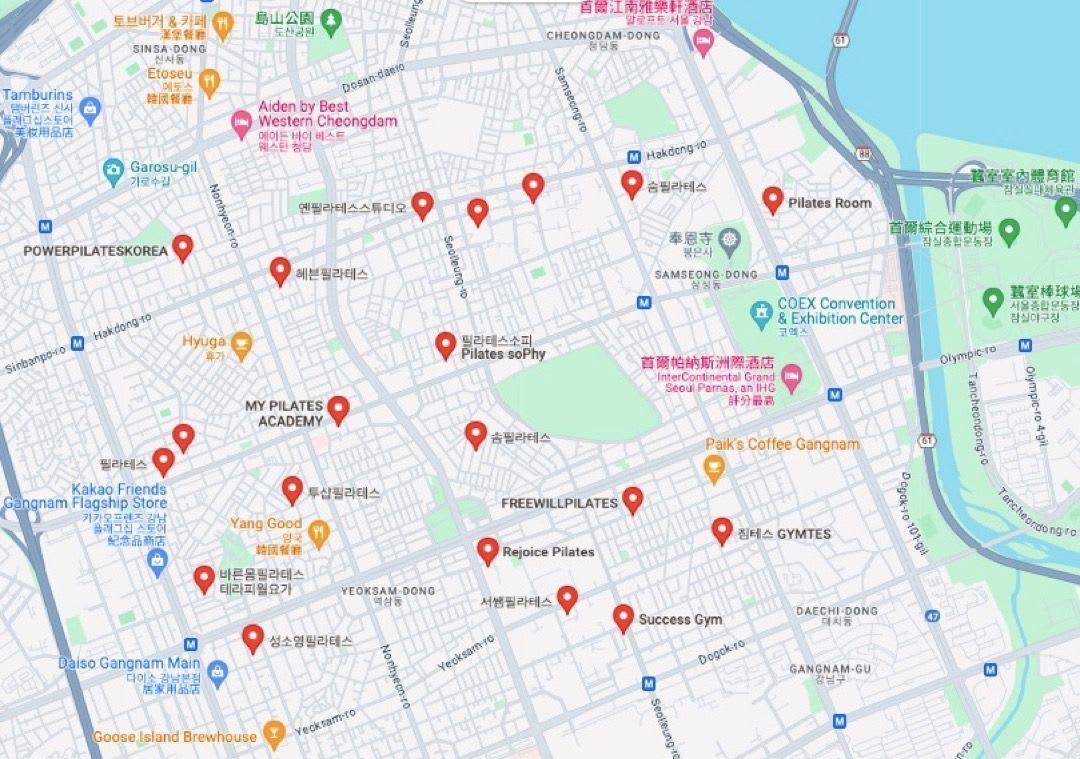 搜尋首爾的街頭「Pilates Studio 皮拉提斯教室」相當密集｜截圖自Google Map搜尋結果