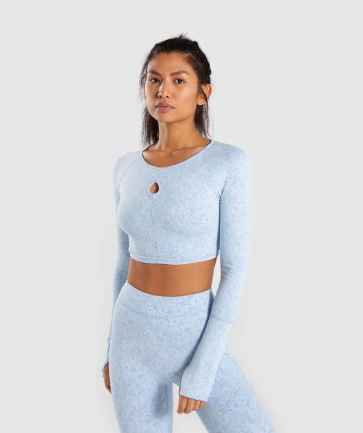 Gymshark Fleur Texture Long Sleeve Crop Top - Blue