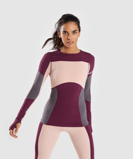 Gymshark Illusion Long Sleeve Top - Dark Ruby/Blush Nude/Slate Lavender