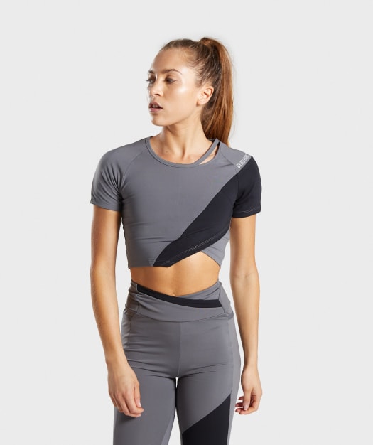 Gymshark Asymmetric Crop Top - Smokey Grey/Black