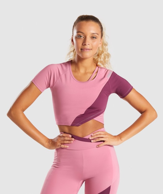 Gymshark Asymmetric Crop Top - Dusky Pink/Dark Ruby