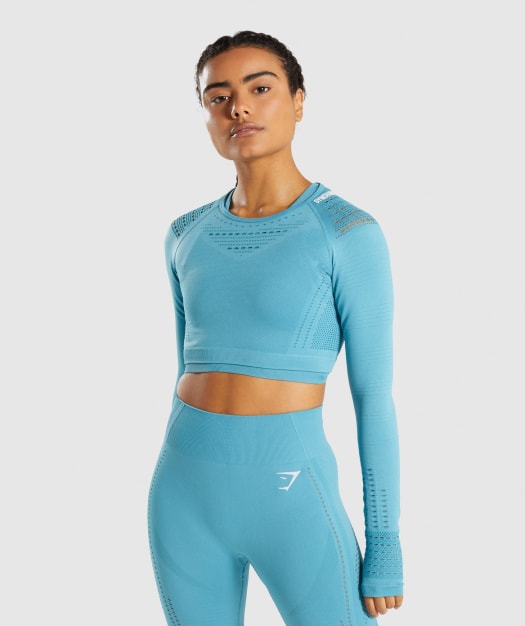 Gymshark Flawless Knit Long Sleeve Crop Top - Sea Blue