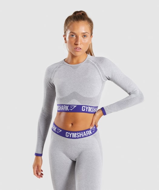 Gymshark Flex Long Sleeve Crop Top - Light Grey Marl/Indigo