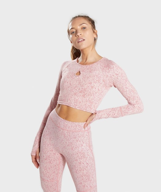 Gymshark Fleur Texture Long Sleeve Crop Top - Brick Red