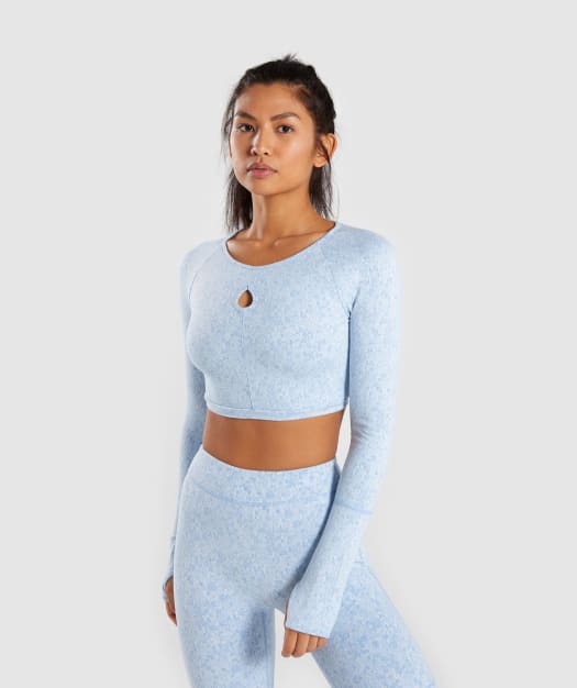 Gymshark Fleur Texture Long Sleeve Crop Top - Blue
